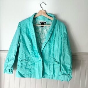 Y2K Olivia Martin Mint Green Turquoise Blazer Medium Ruched Sleeve Lace Lining